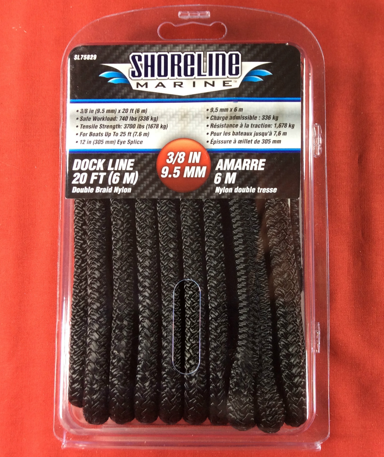 DOCK LINE DOUBLE BRAIDED NYLON 3/8" x 20' BLACK ROPE SHORELINE SL75829