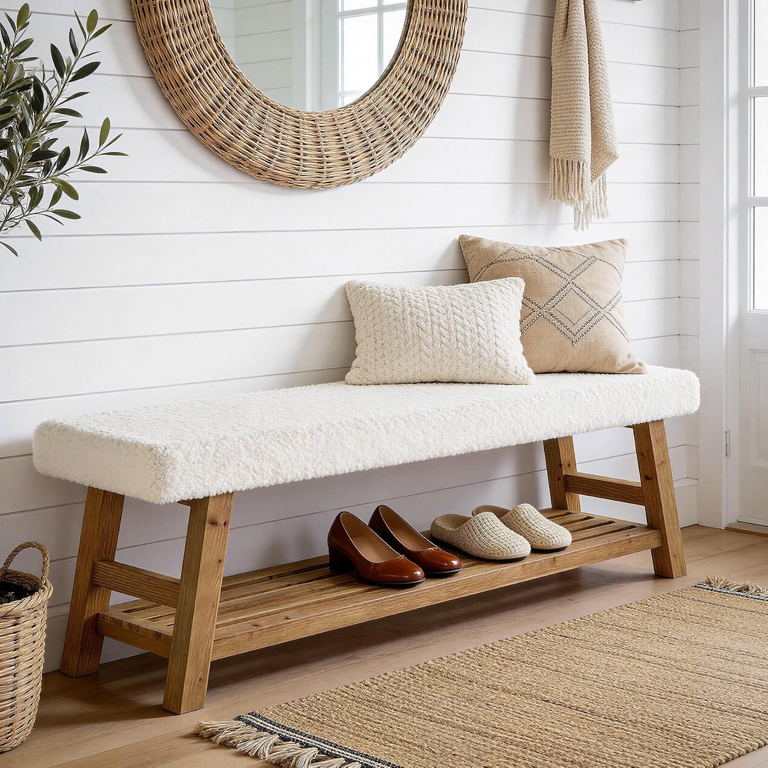 55" Upholstered Bench Modern Solid Wood Shoe Bench with Cushion for Entryway