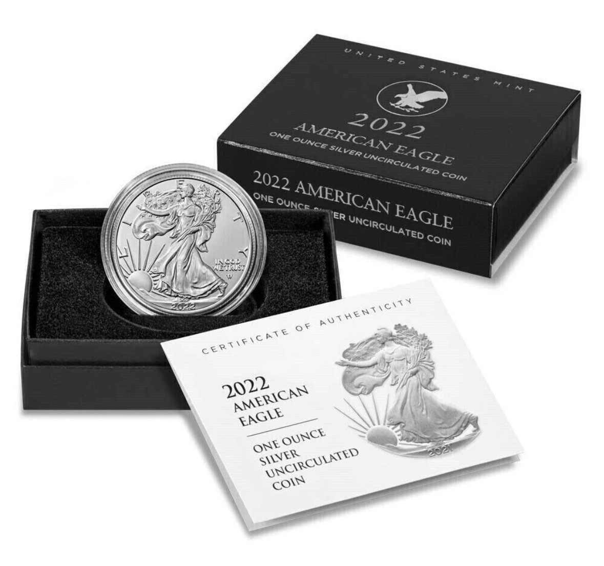 2022 W American Eagle 1 Ounce Silver Uncirculated Coin, US Mint 22EG COA (Box F)