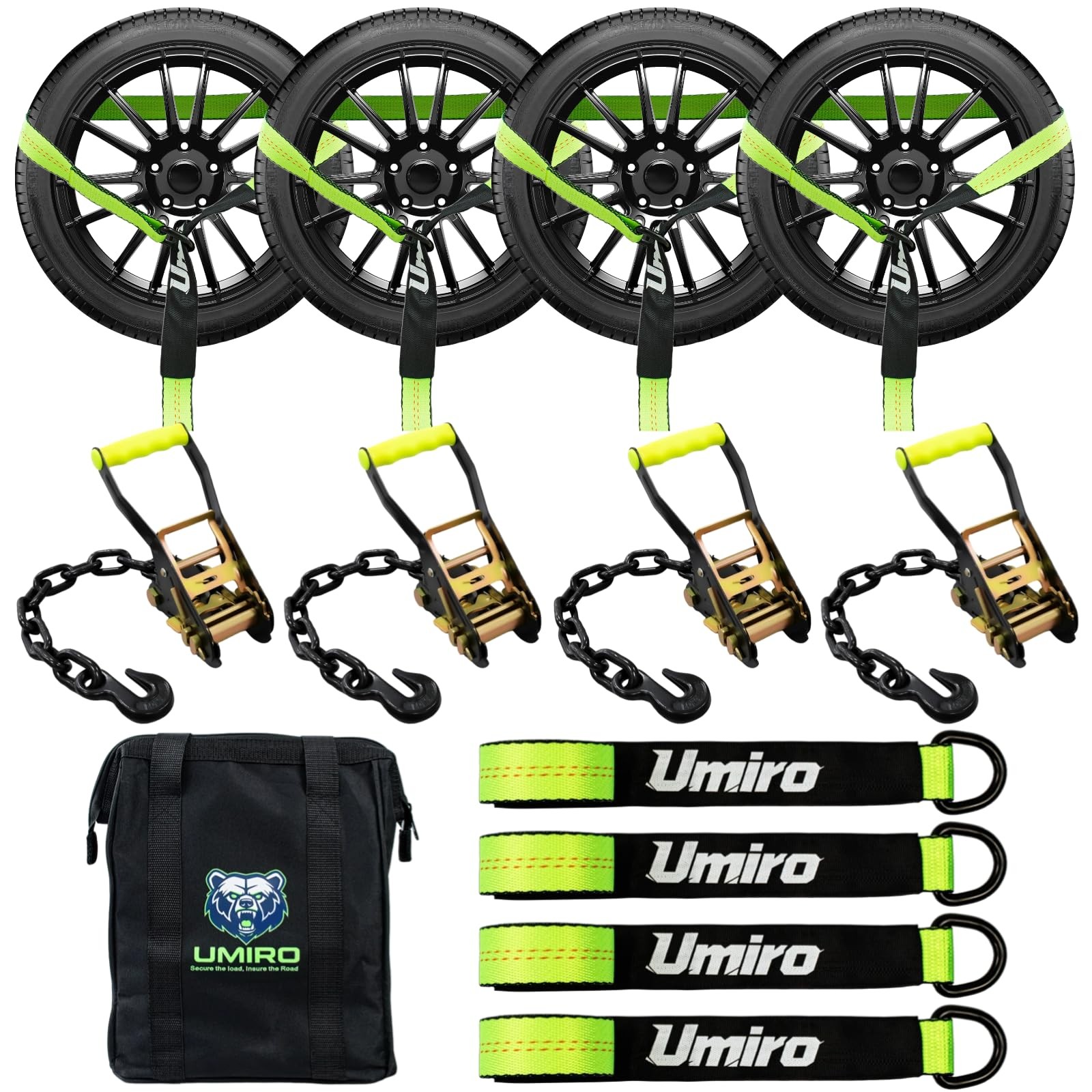 4Pk 2"x10' Ratchet Tire Straps w/ Chain Anchors 10K lbs Green Umiro