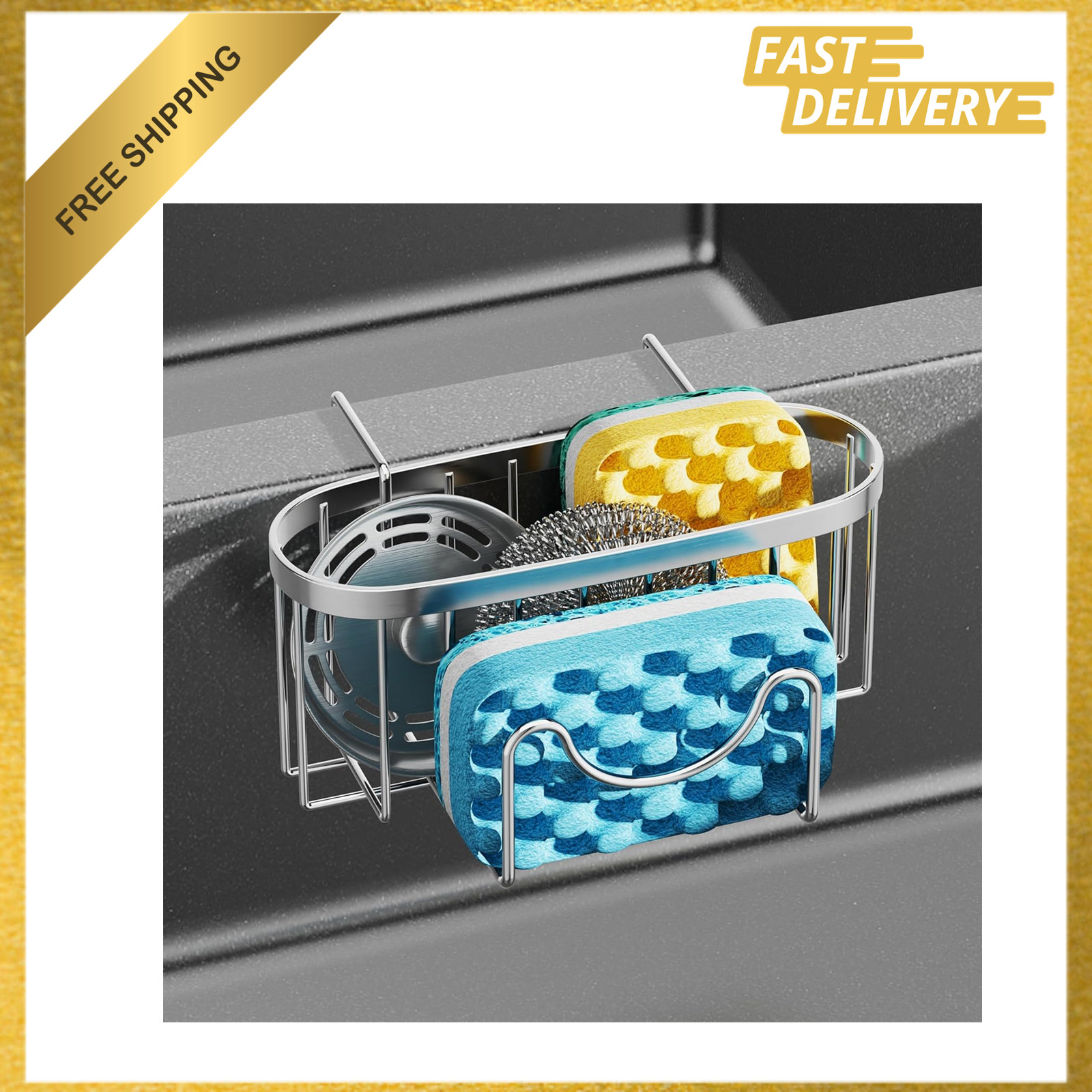 Kitchen Sink Sponge Holder Rustproof Stainless Steel Double-Bowl Organizer
