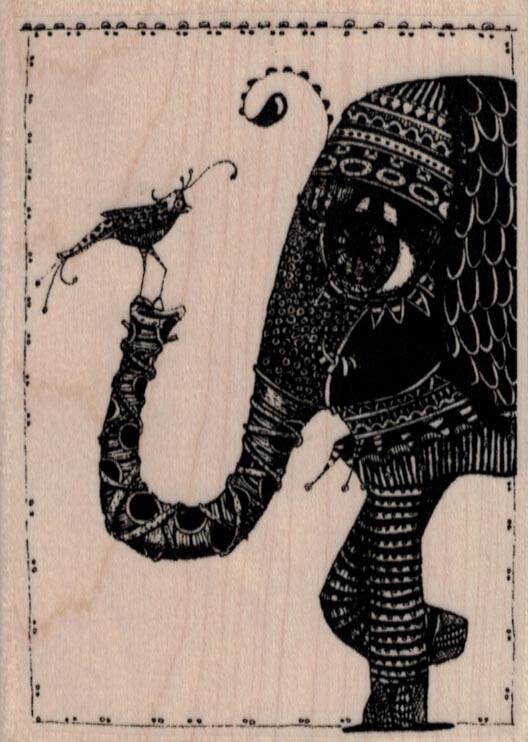 Elephant with Bird on Trunk 2 3/4 x 3 3/4" Rubber Stamp, Animal Stamp, Elephant