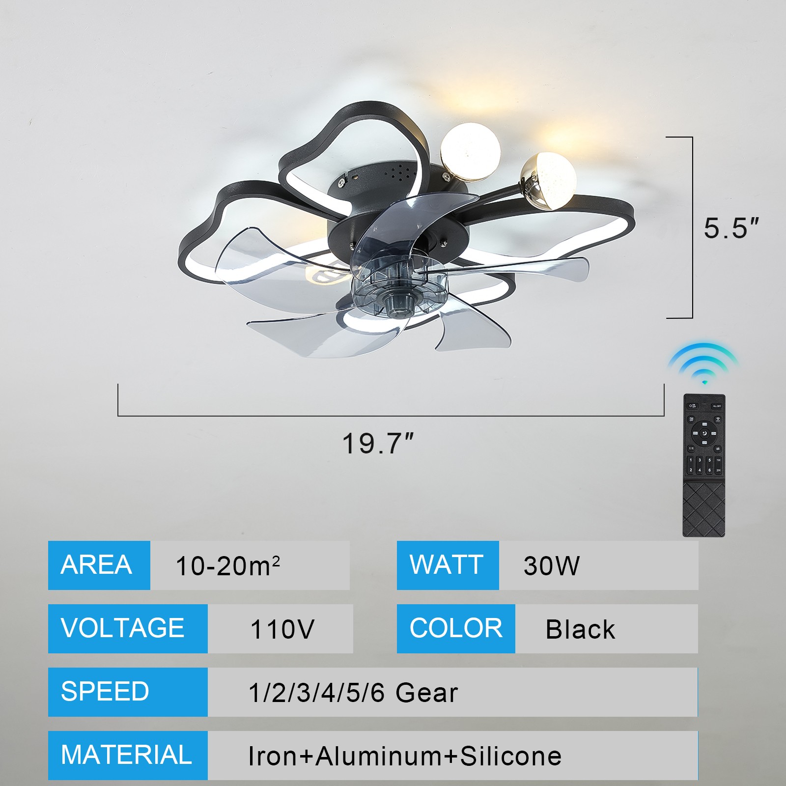 20 inch Remote APP Control Butterfly Modern Ceiling Fan with Light Flush Mount