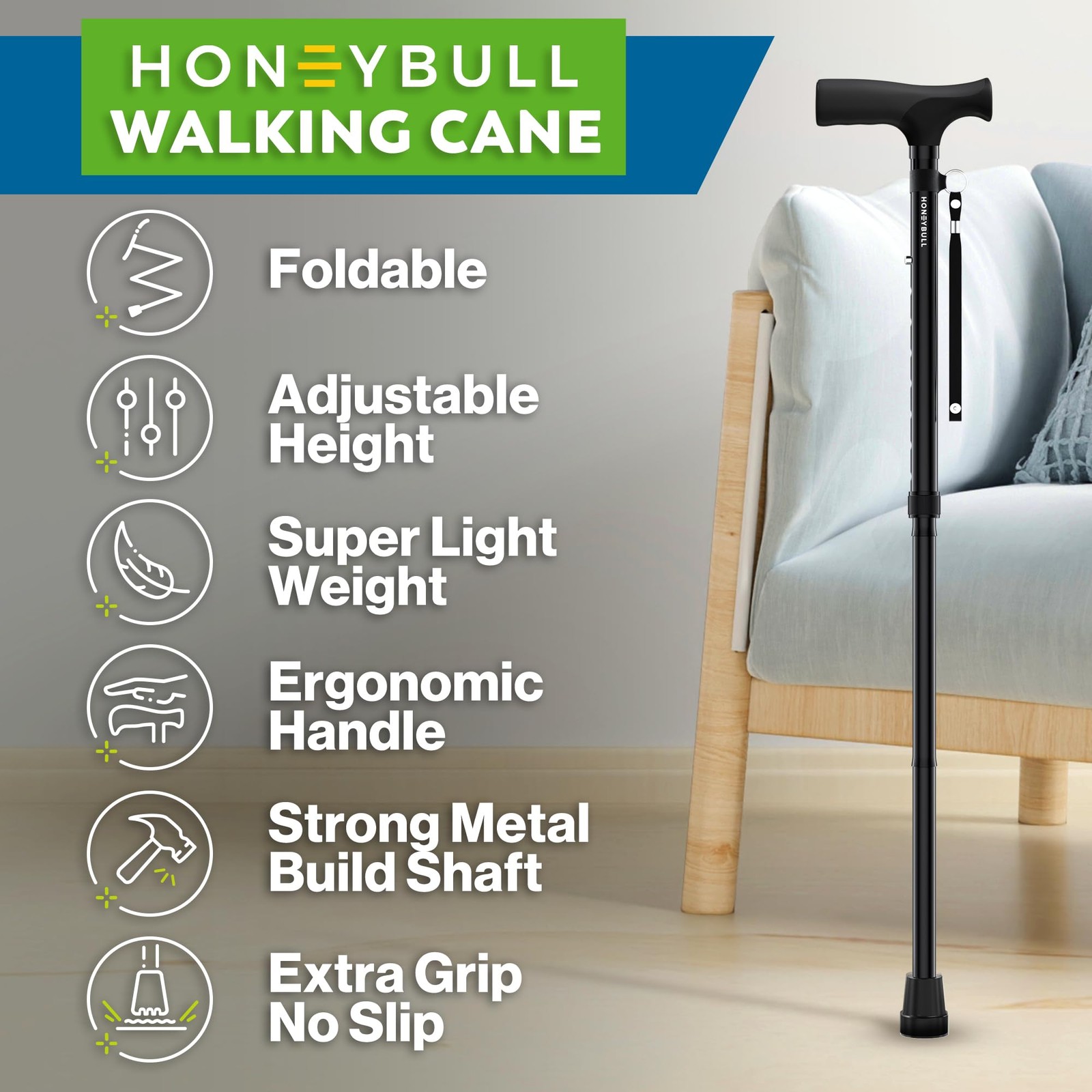 Walking Cane | Single Tip Canes for Men & Women, Foldable, Adjustable, Heavy Dut