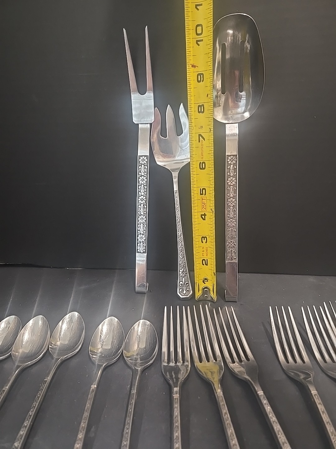Vintage Interpur Stainless Flatware Fleur-de-Lis 5 Spoons 6 Forks 3 Large Piec