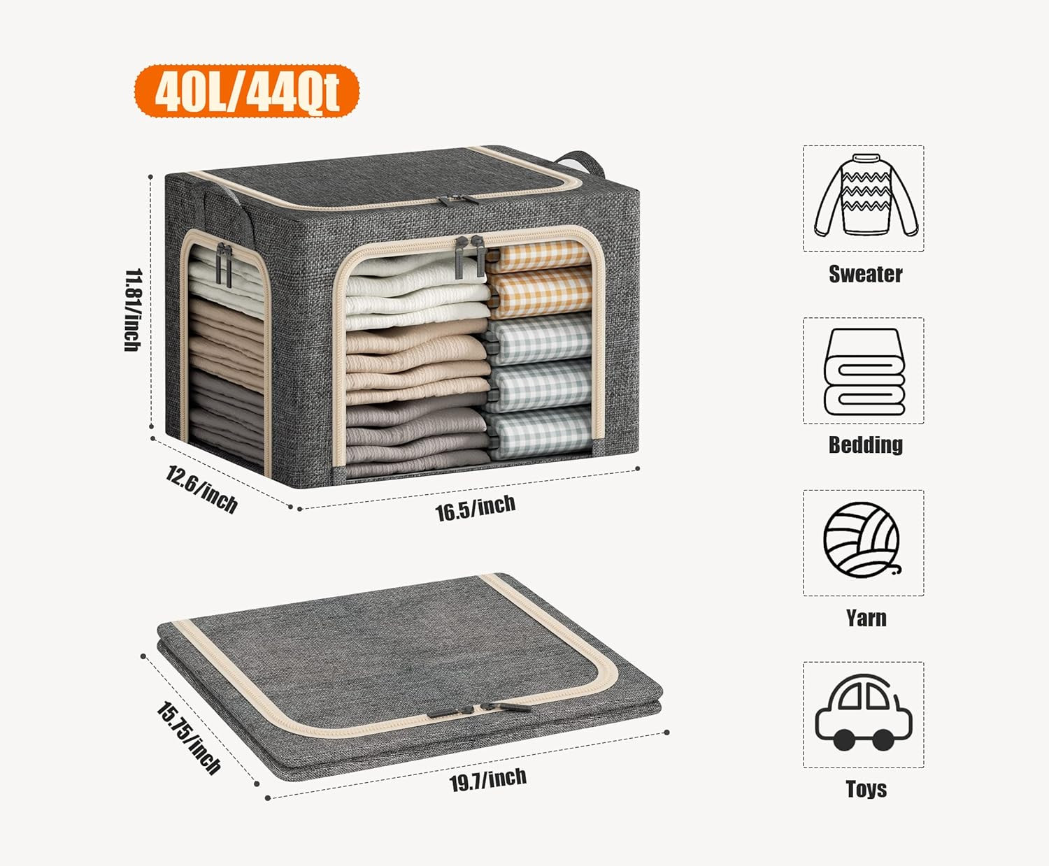 3 Openings Clothes Storage Bins with Metal Frame, Foldable Storage Bin for Cloth