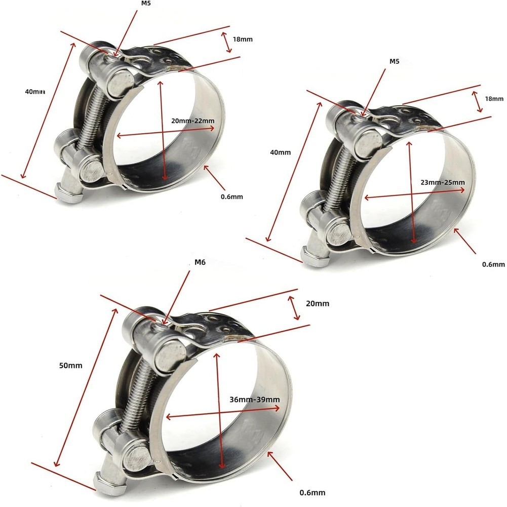 6pcs Hose Clamp Set Stainless Steel 20mm 23mm 36mm for Pipe Connections