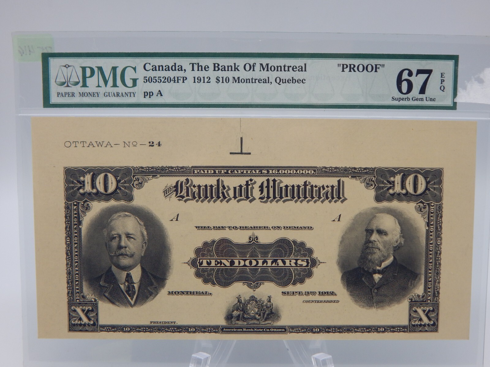 1912 CANADA BANK OF MONTREAL $10 EPQ PMG 67 FACE PROOF 5055204FP (BT416)