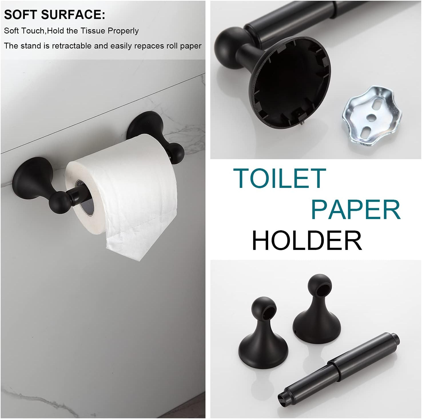 Bathroom Accessory Set, Matte Black Adjustable Expandable Towel Bar 4-Piece Bath