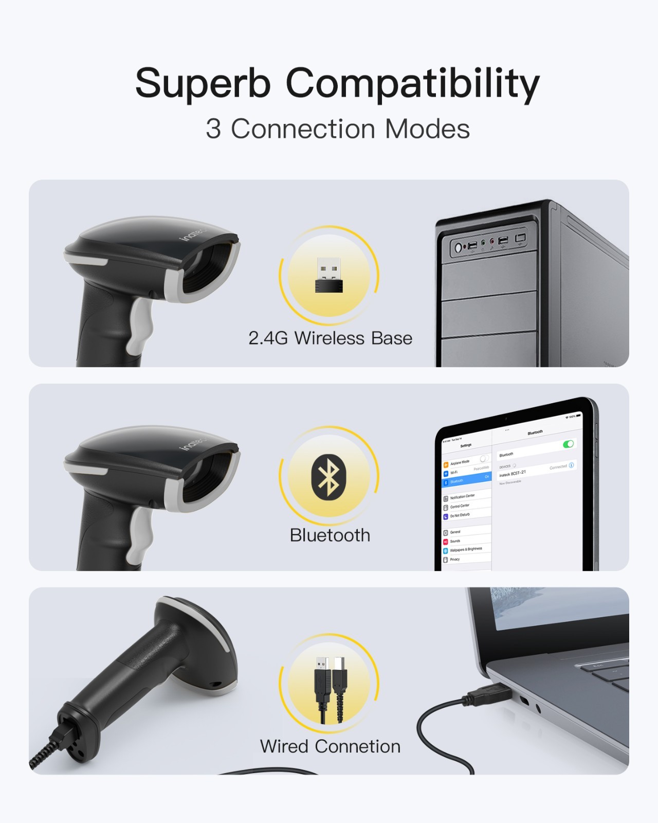 Inateck 2D Barcode Scanner, Wireless QR Code Scanner, Handheld Scanner APP SDK
