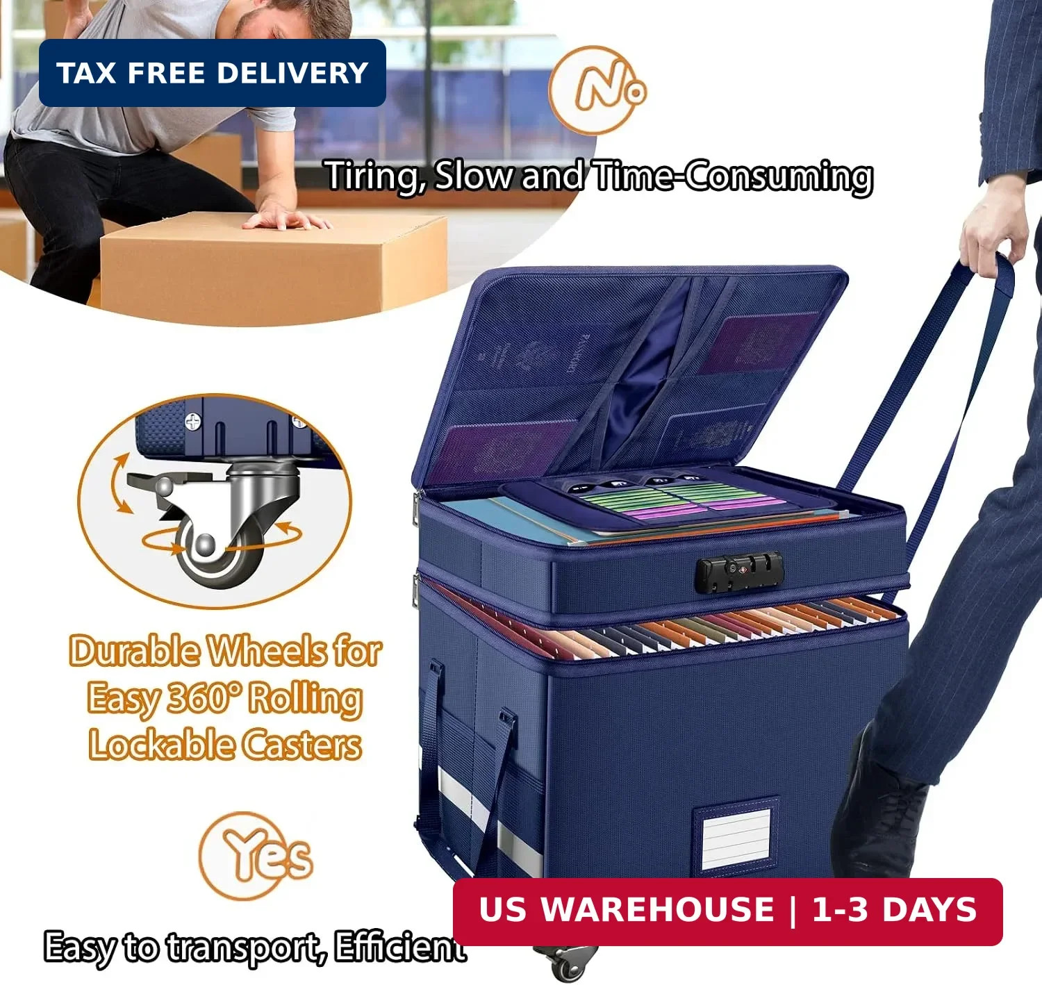 File Box with Lock, 2-Layer Fireproof Document Box with Wheels,Collapsib