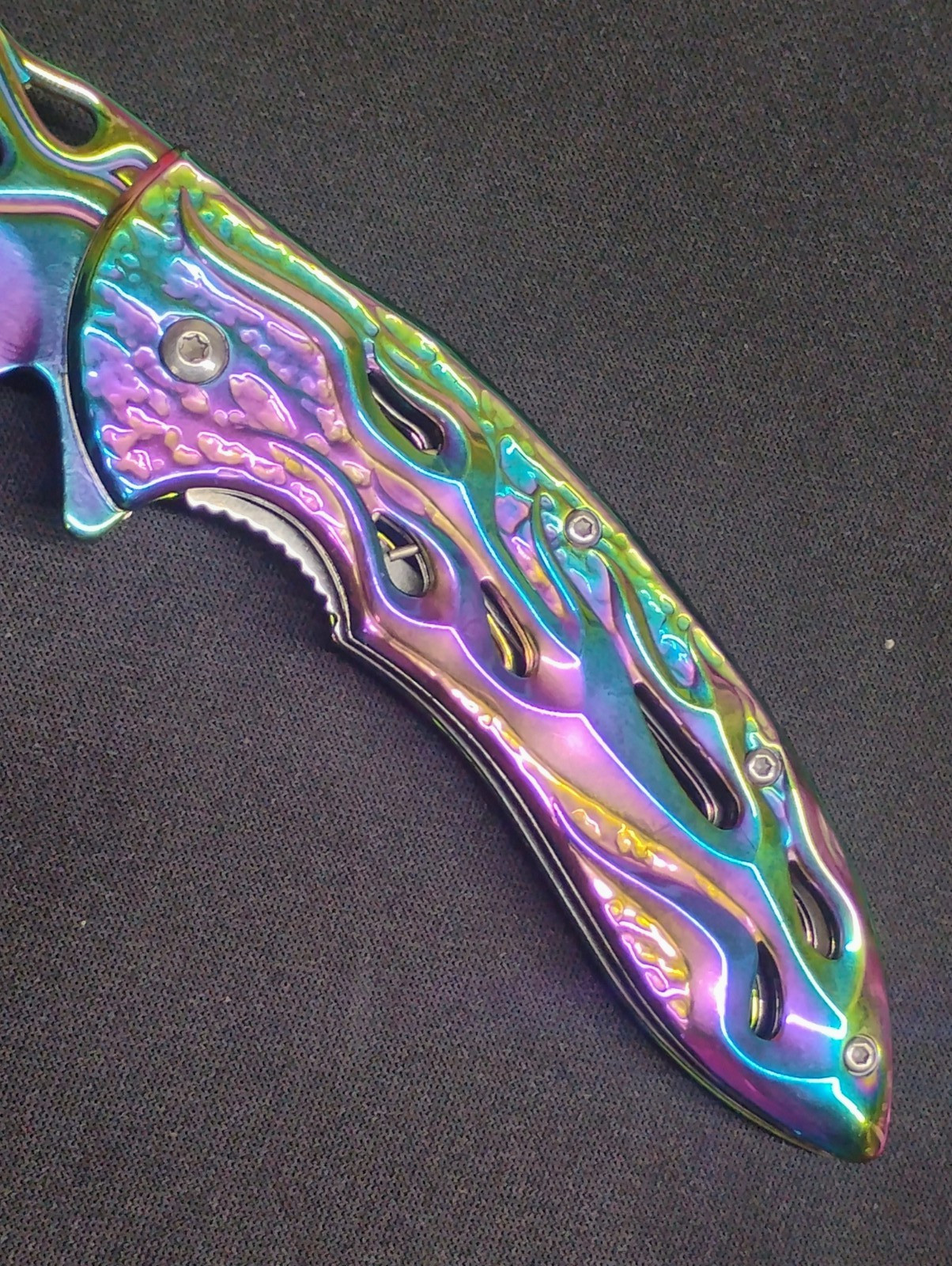 MTECH Assisted Opening Pocket Knife Rainbow Flame Cutout Fire Pattern Blade EDC