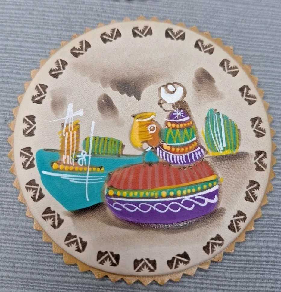 Vintage Hand Painted Leather Coasters Set 6 With Holder Peru Folk Art