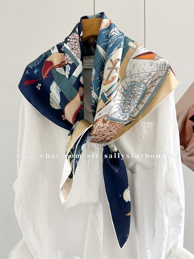 Sallys 14 Momme Twill Silk Wrap Scarf Boat Florals Print Square Stole Shawl 35"