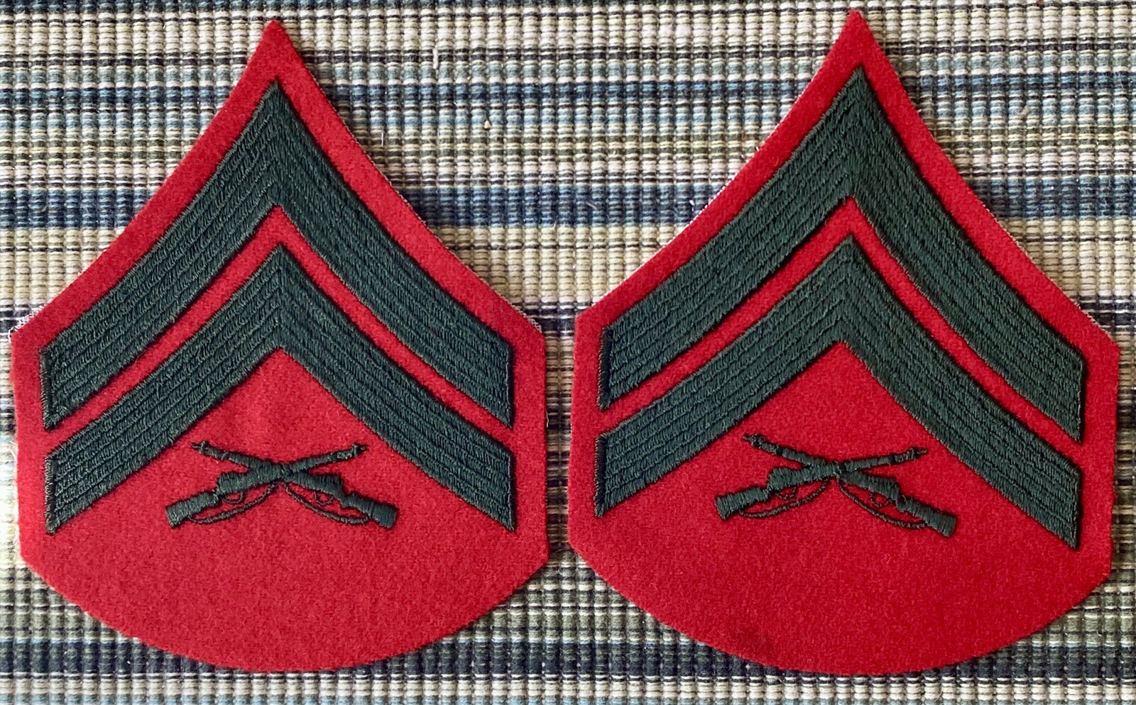 One pair of USMC Chevrons Corporal green on red Marine Corps Cpl