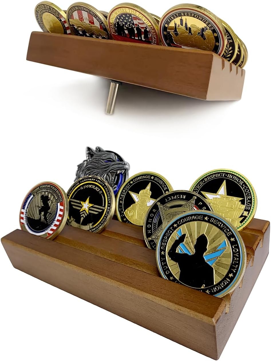 Challenge Coin Holder Display Case - 4 Row Solid Wood Military Rack - Walnut