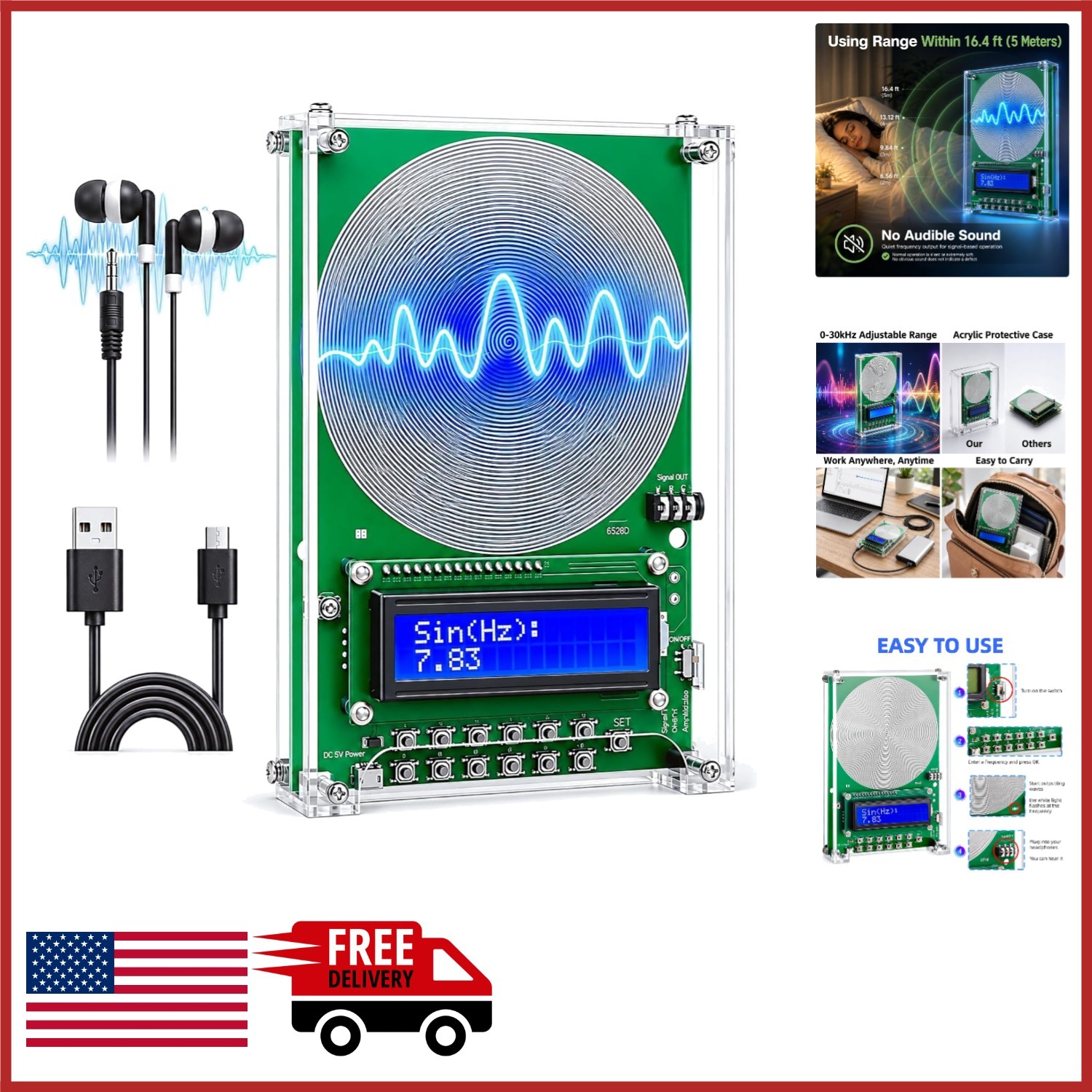 Lightweight USB Frequency Generator for Meditation and Relaxation with Display
