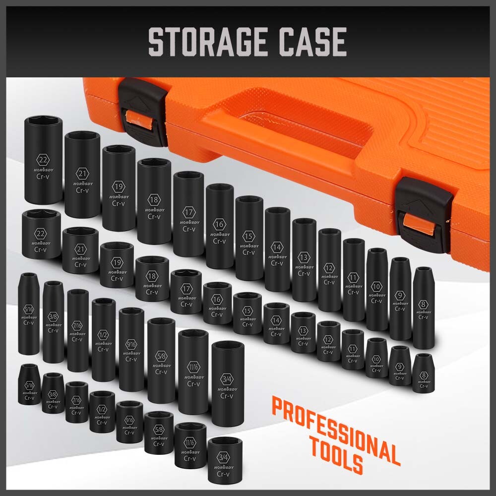 50PCS Impact Socket 3/8" DR Shallow & Deep SAE & Metric w/ Carry Case
