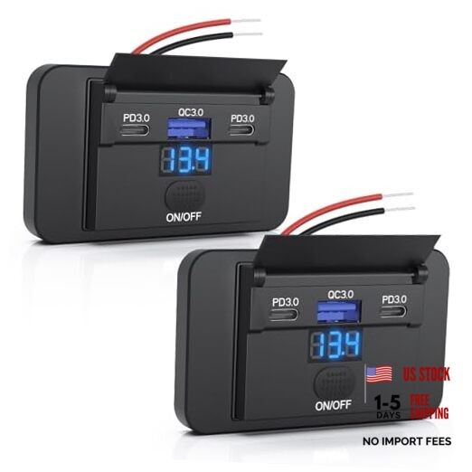 90W 3 Ports 12V RV USB Switch Outlet with Voltmeter, 2*36W 2PCS Deep Blue
