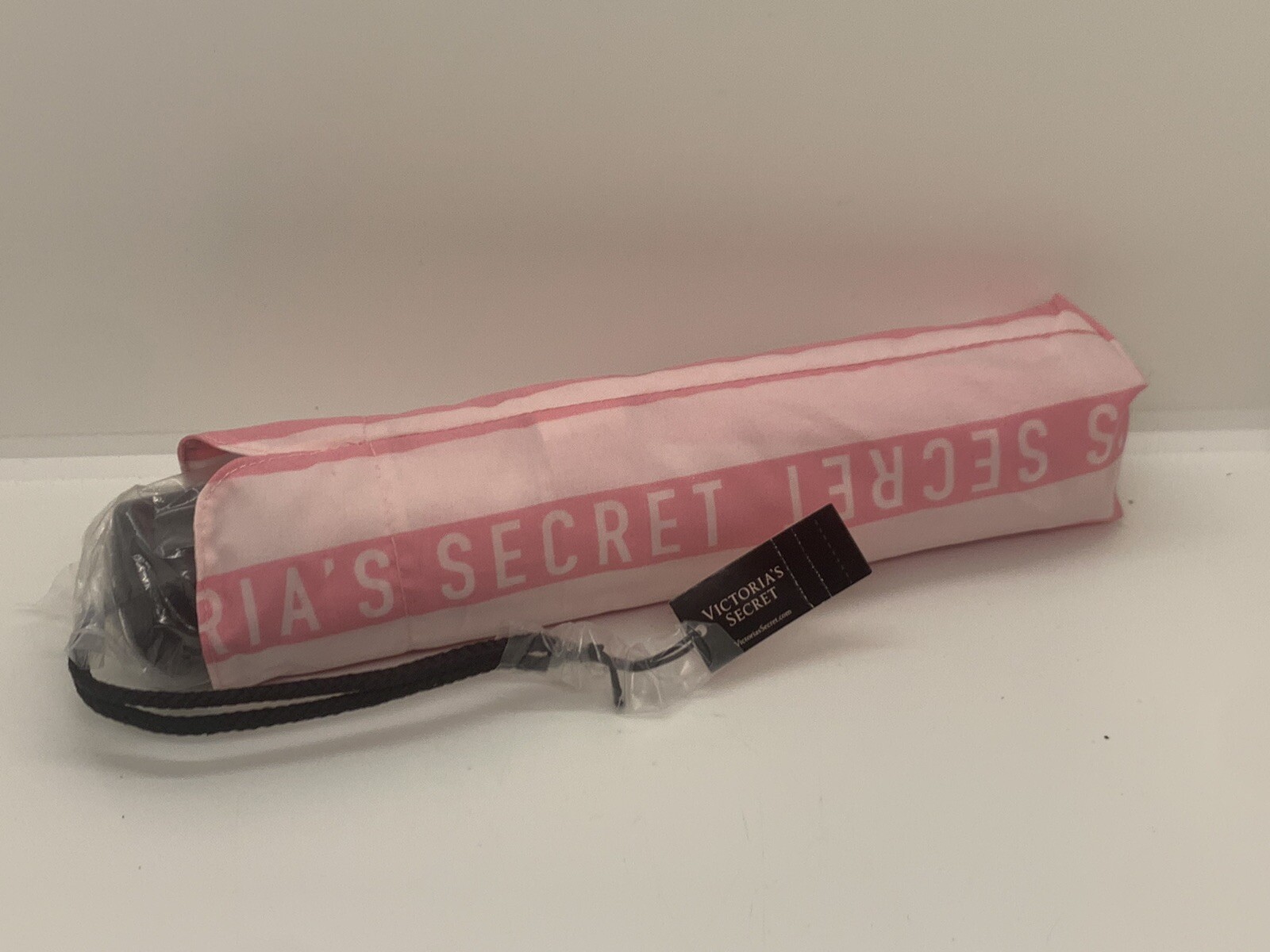 Victoria's Secret Light Pink Striped Umbrella Compact Collapsible w/Sleeve NWT