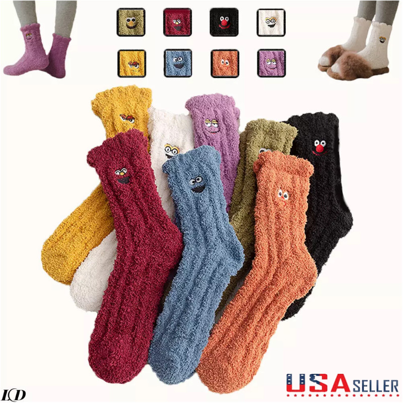 Women Coral Velvet Socks Cartoon Embroidered Winter Warm Fluffy Cozy Girl Sock