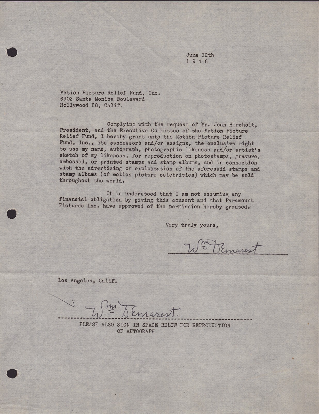 WILLIAM DEMAREST - DOCUMENT DOUBLE SIGNED 06/12/1946