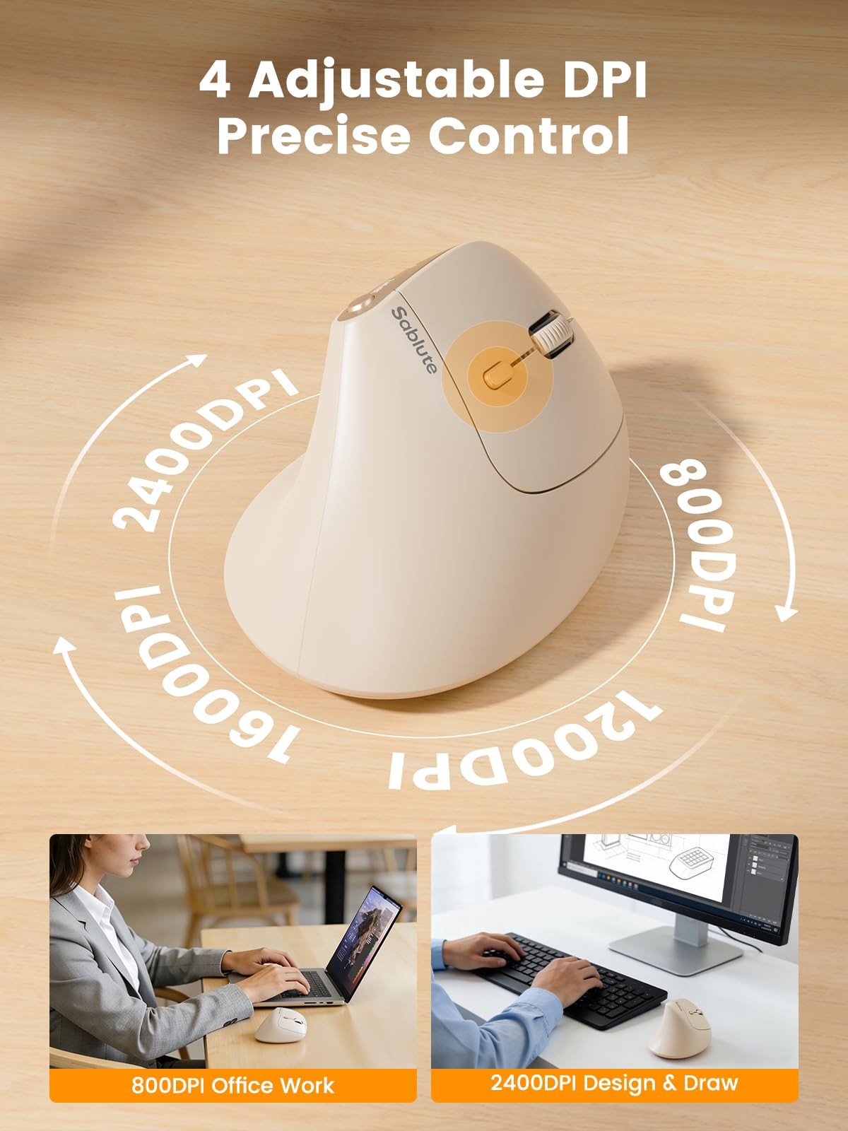 MAM3 Ergonomic Vertical Wireless Rechargeable Mouse 4 Adjustable DPI Beige