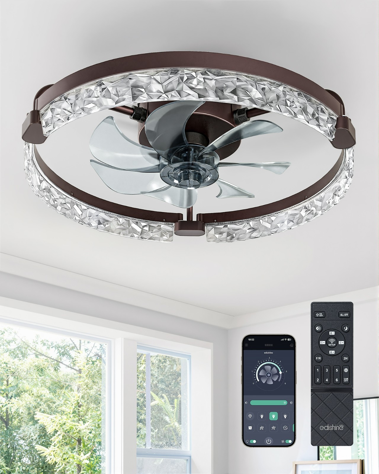 20" Smart Ceiling Fan Light Dimmable LED 3000K-6000K Remote APP 6-Speed Brown