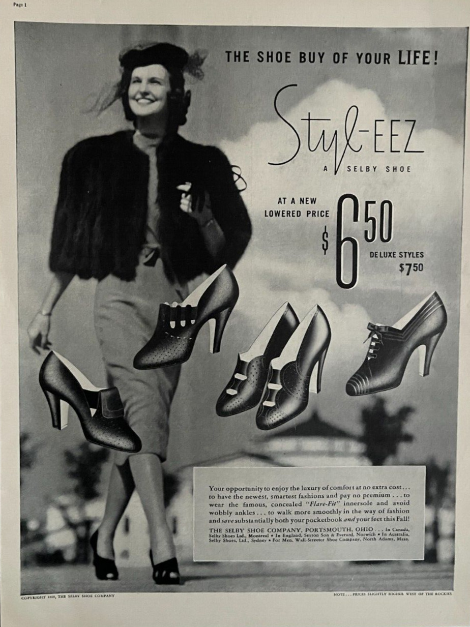 1937 Selby Shoes Print Ad Style-Eez Smiling Lady In High Heels Women's Fashion