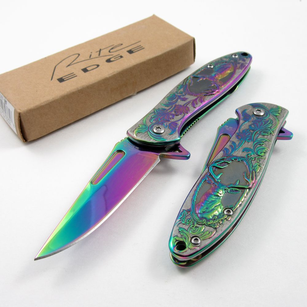 SPRING ASSIST FOLDING POCKET KNIFE Rainbow Silver Deer Hunter Skinner 300385-RB