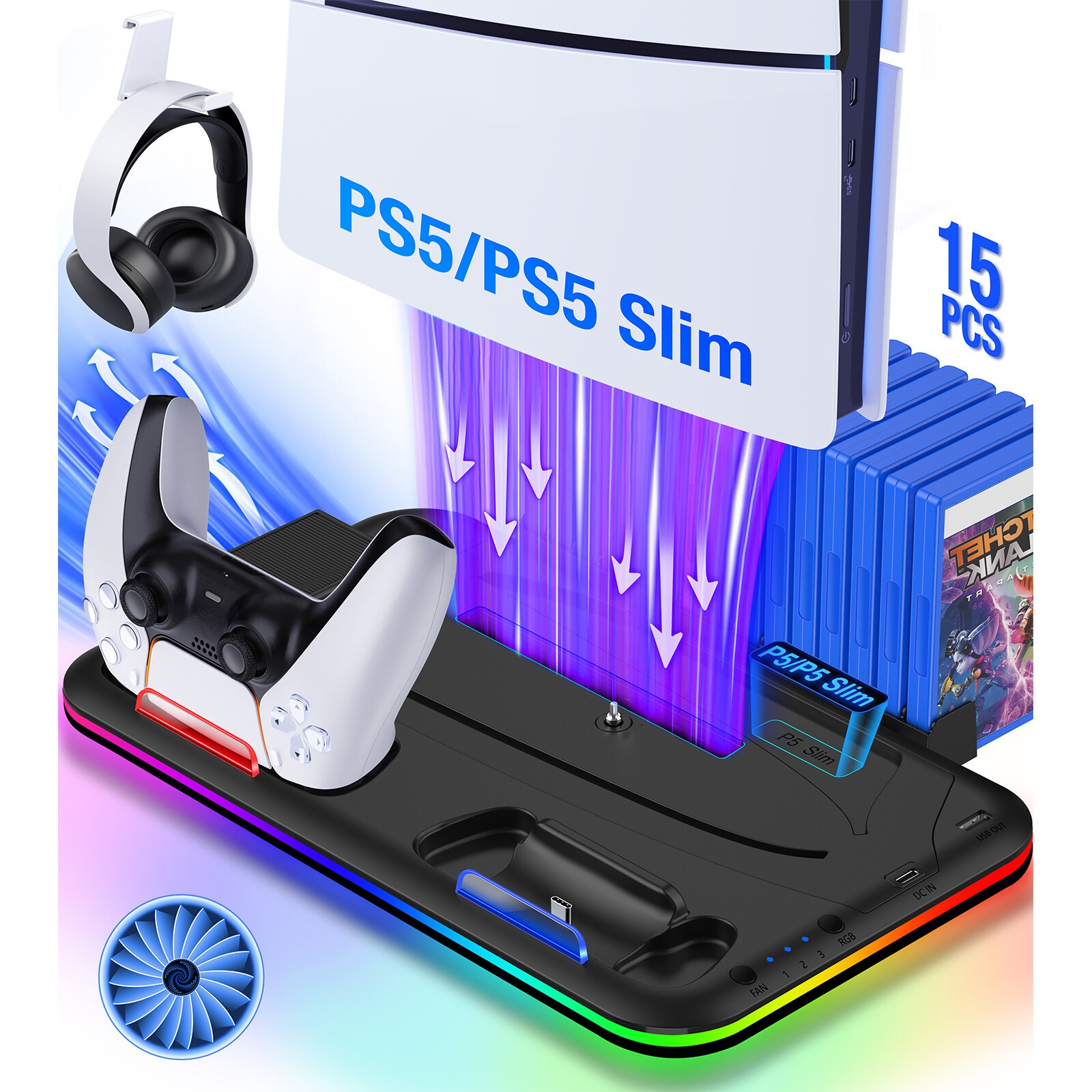 For PS5 Slim Vertical Stand Cooling Fan Station for Playstation 5/Slim Console
