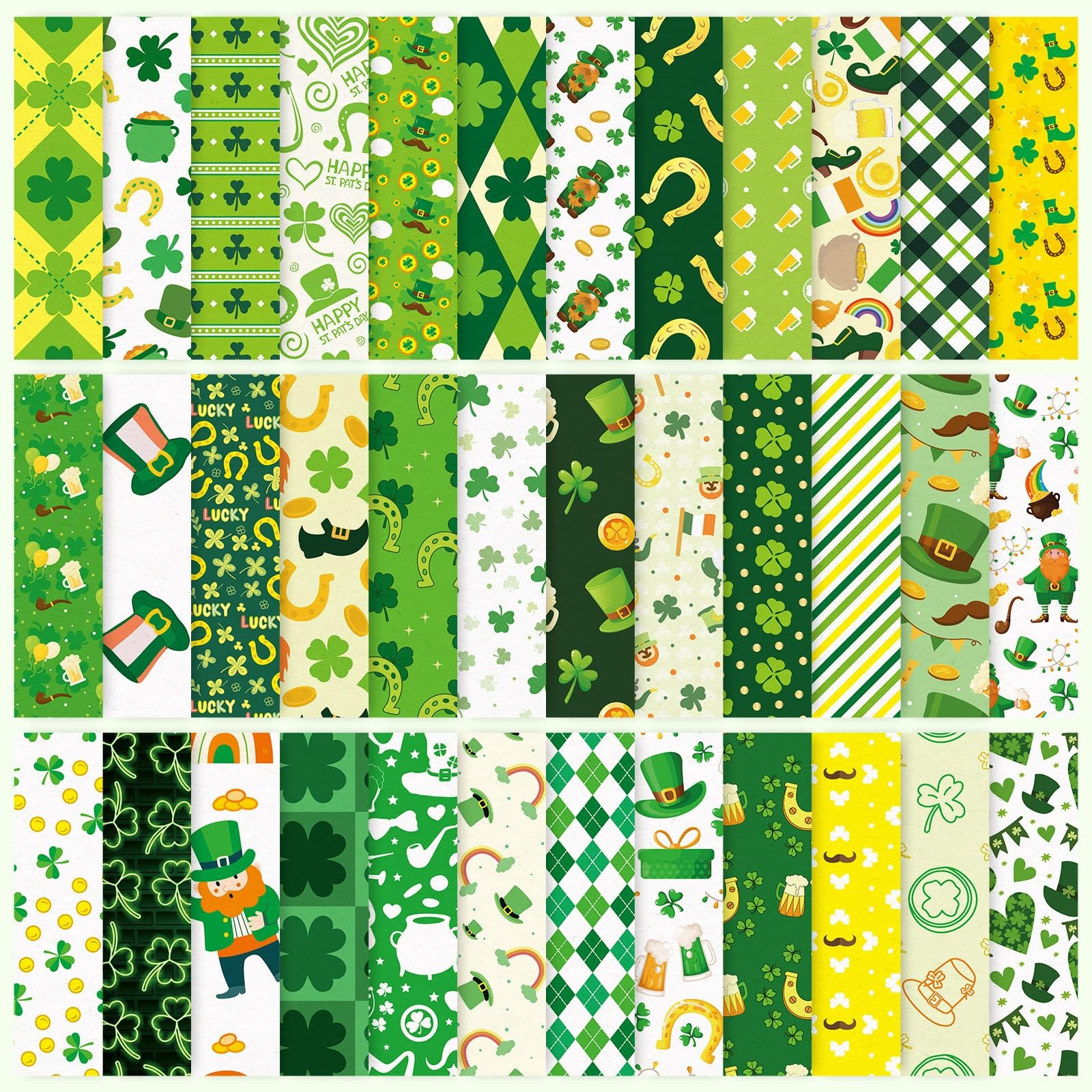 36 Sheets St. Patricks Day Pattern Paper Green Shamrock Clover Leprechaun Gol...