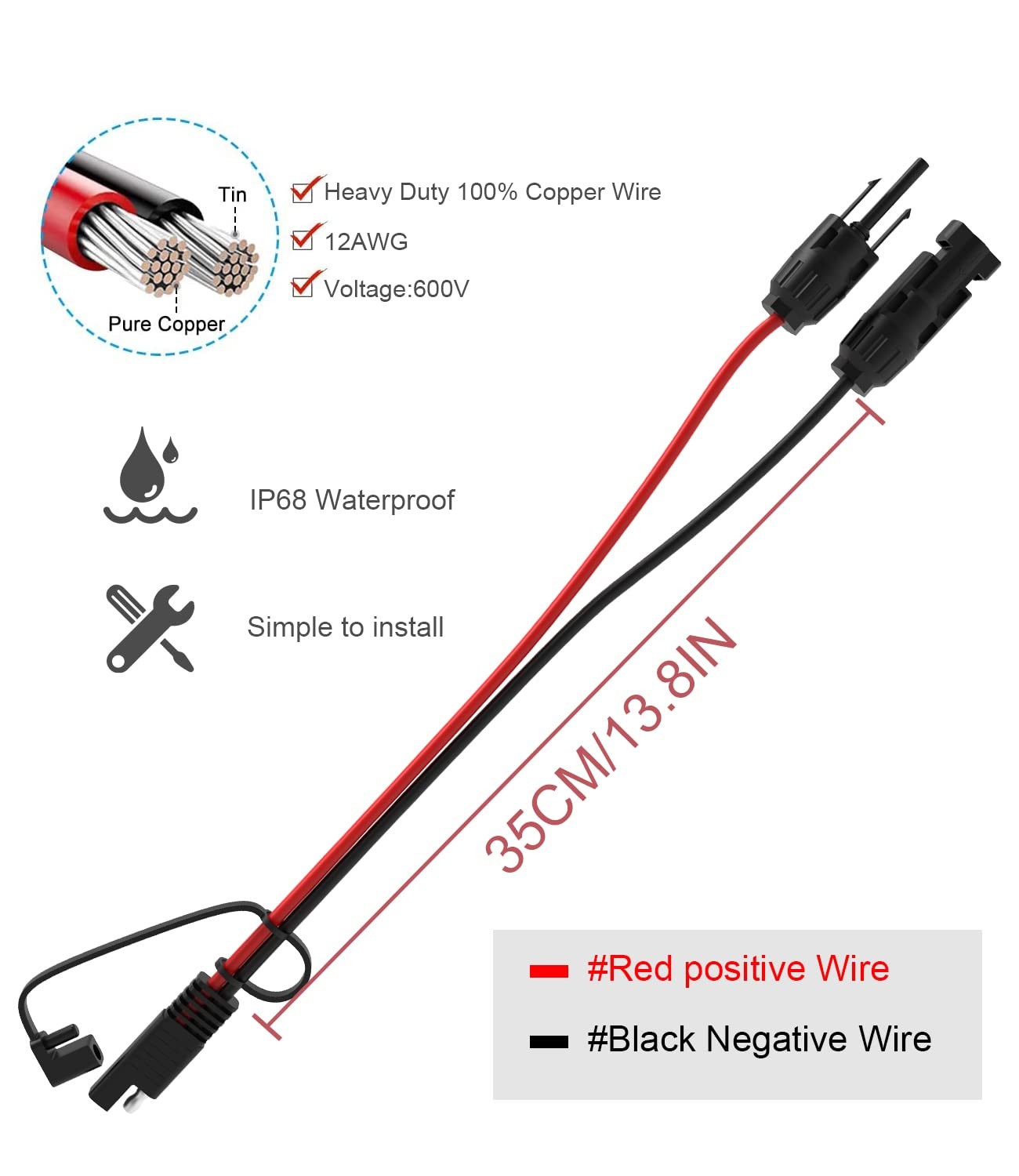 Solar Extension Cable - 10AWG, 30Cm with 2 SAE Polarity Reverse Adapters
