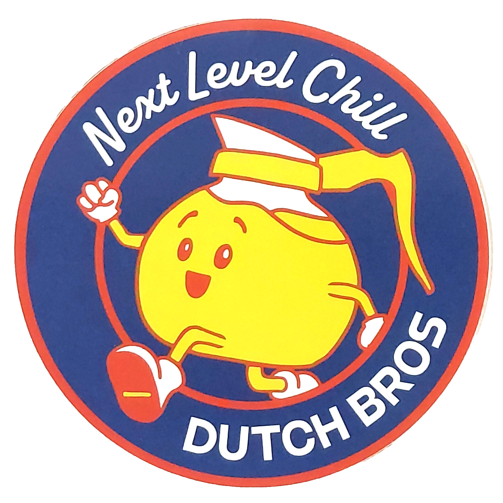 Dutch Bros Sticker July 2022 Next Level Chill Round Blue with Yellow Coffee Pot