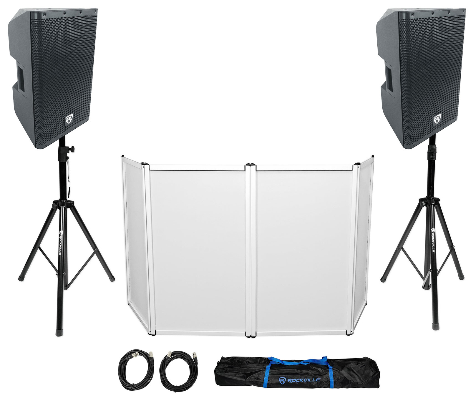 DJ Package w/(2) Rockville DX12 500w RMS PA Speakers+Facade+Stands+Cables+Bag