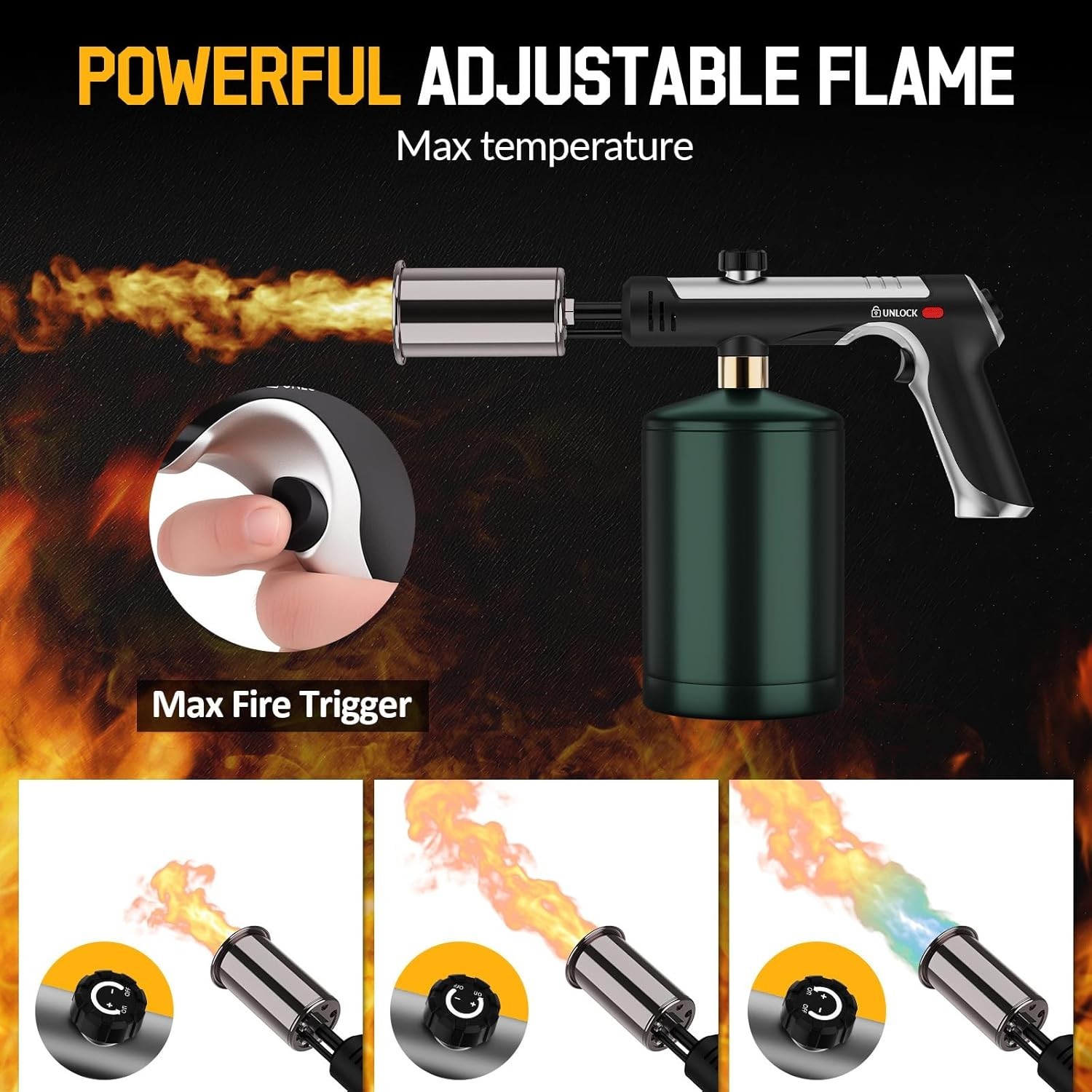 Propane Torch with One-Click Max Fire & Safety Lock - Kitchen Blow Torch