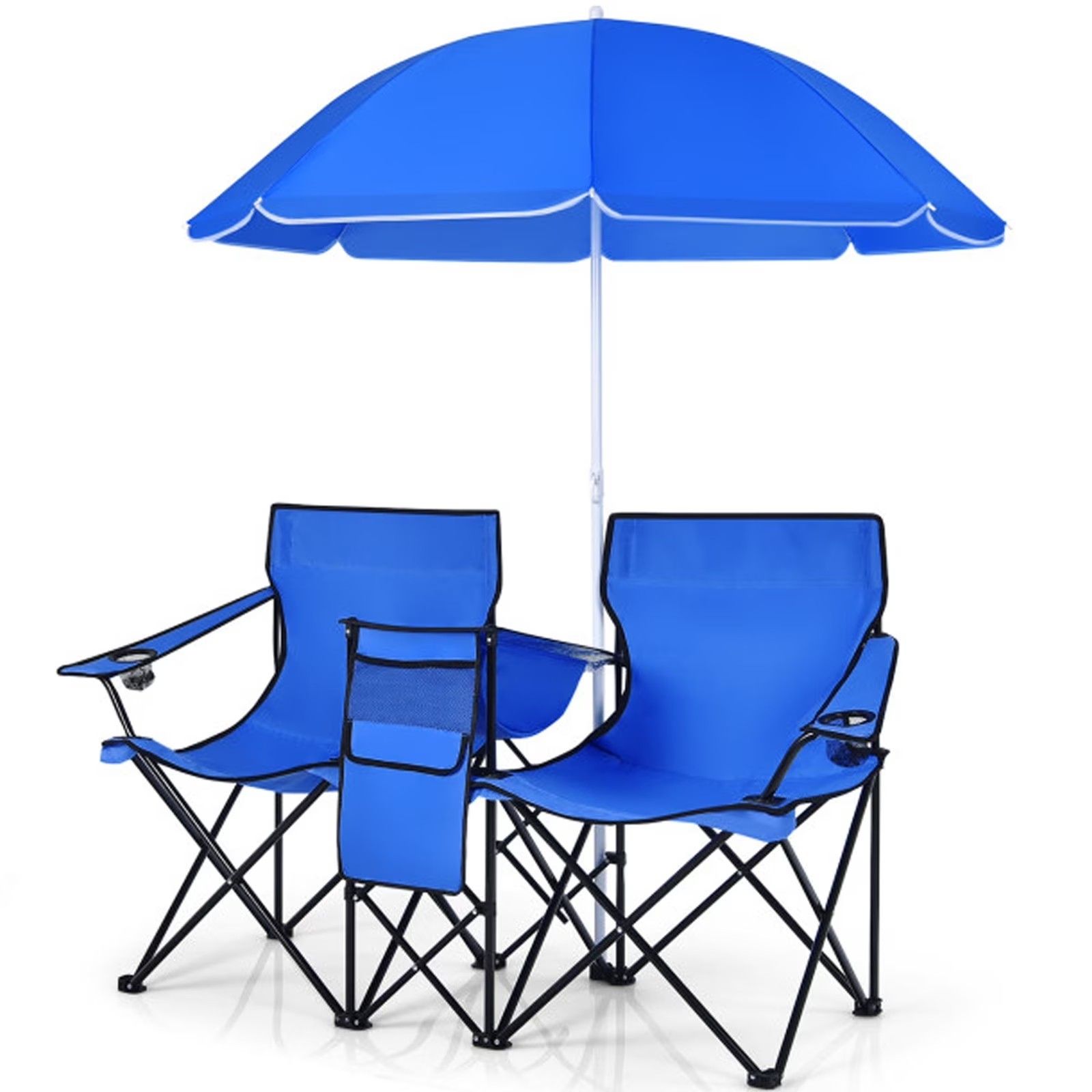Portable Folding Picnic Double Chair With Removable Umbrella Blue