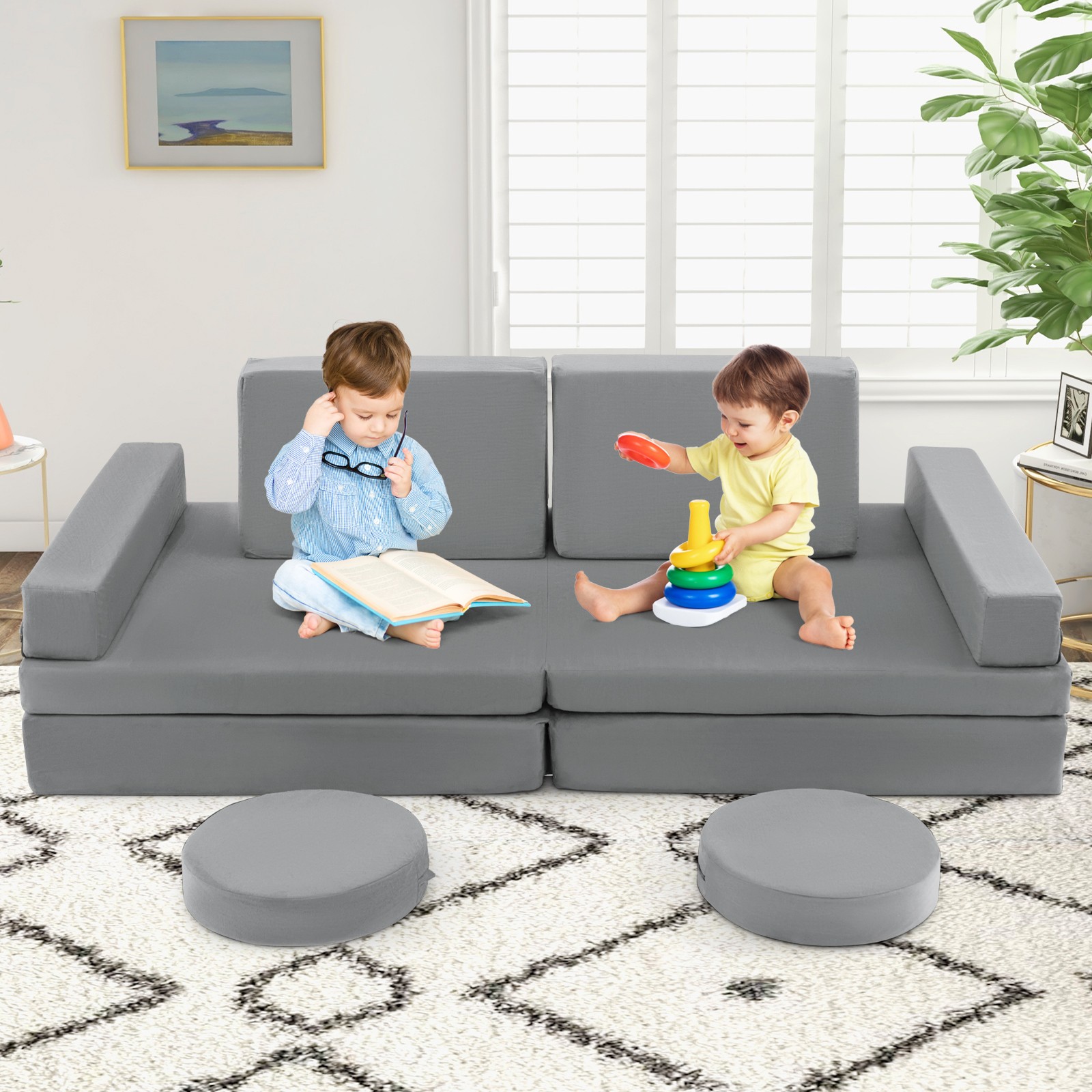 10 PCS Kids Play Sofa Set Modular Convertible Foam Folding Couch Toddler Playset
