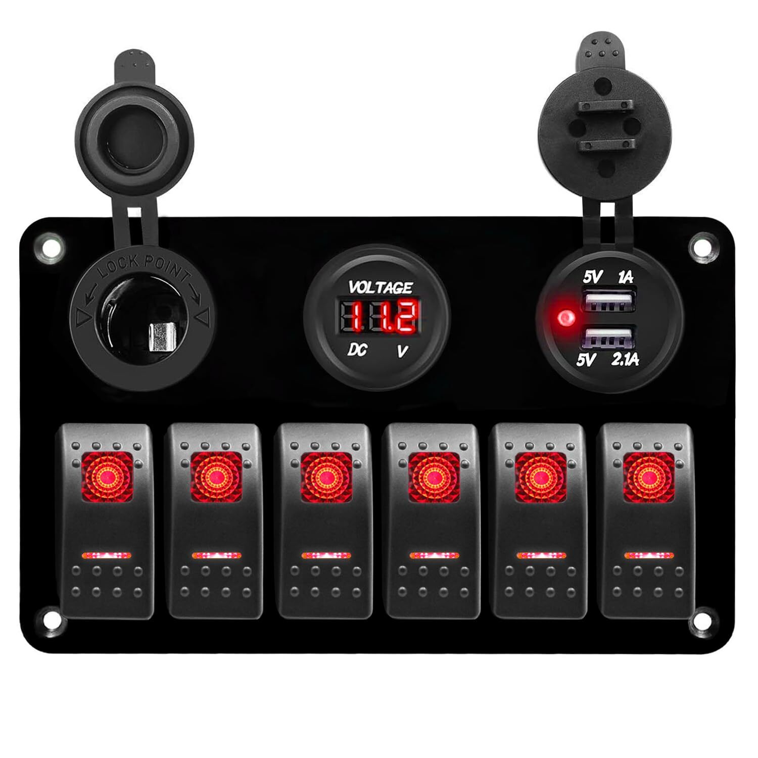 6 Gang Car Marine Boat Waterproof Circuit Red LED Rocker Switch Panel Breaker