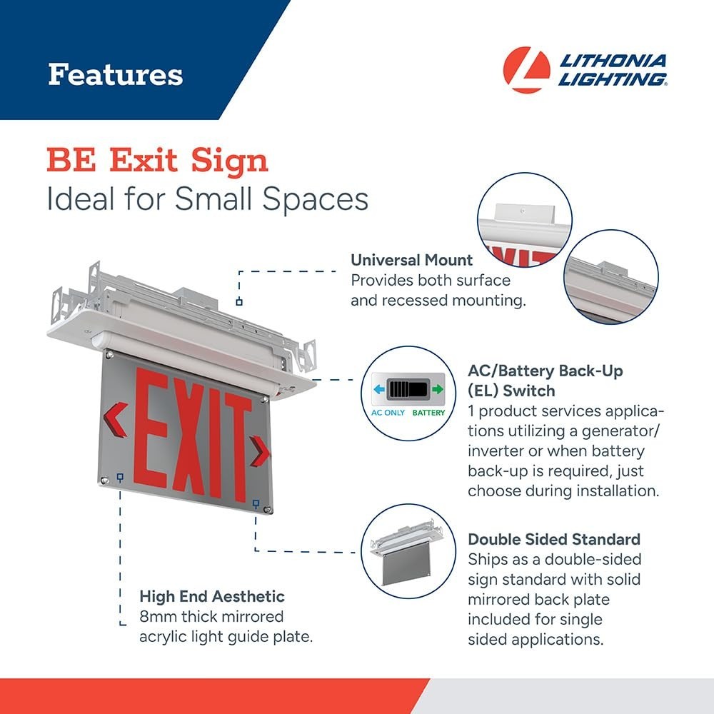 Edge-lit LED Exit Sign with Red Letters Universal Mount Emergency Battery Backup