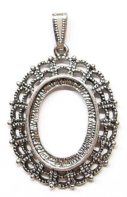 6 of 25x18mm Antique Silver Victorian Triple Lacy Oval Pendant Settings 49x31mm