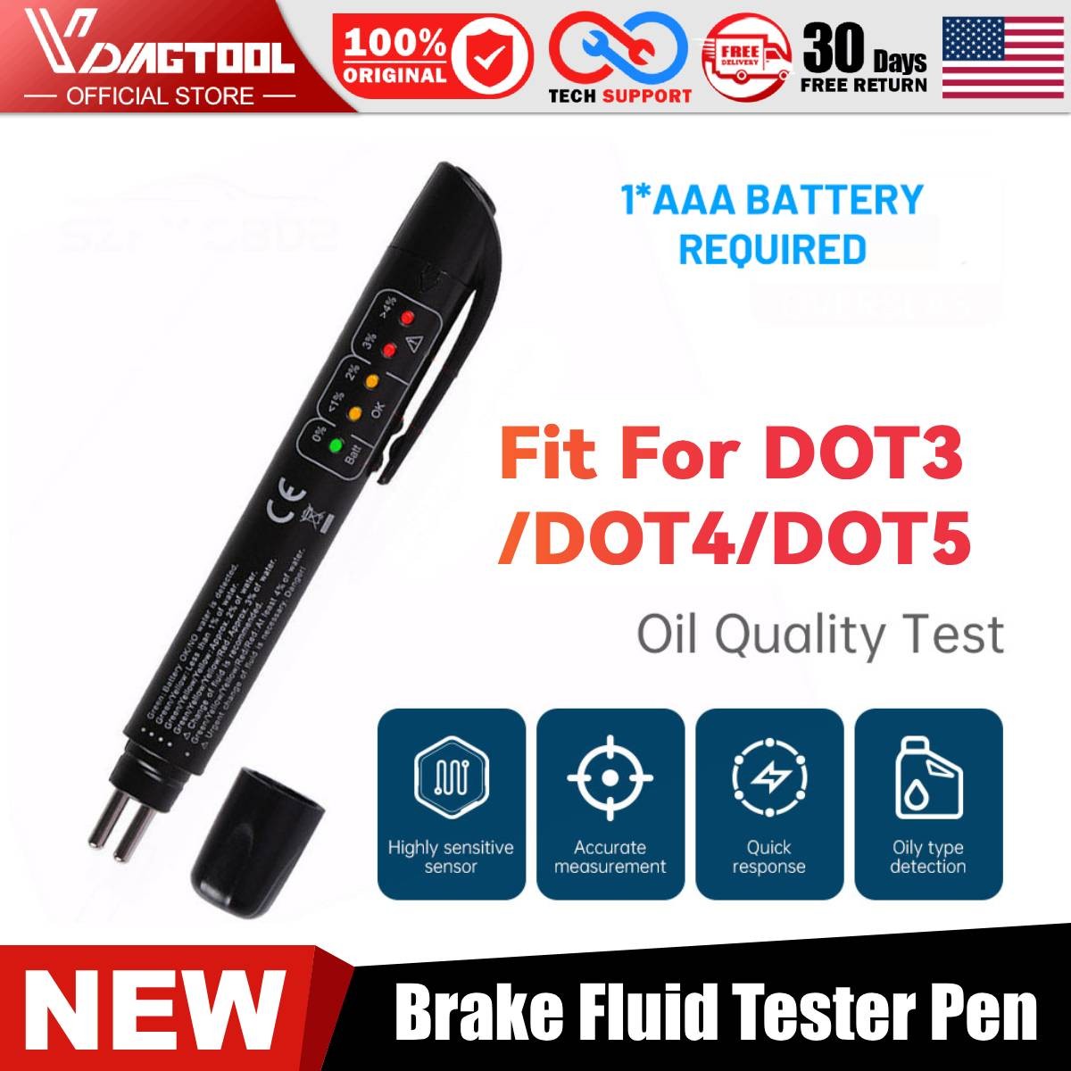 Brake Fluid Liquid Oil Tester Pen 5 LED Indicator Car Testing Tool For DOT3 DOT4