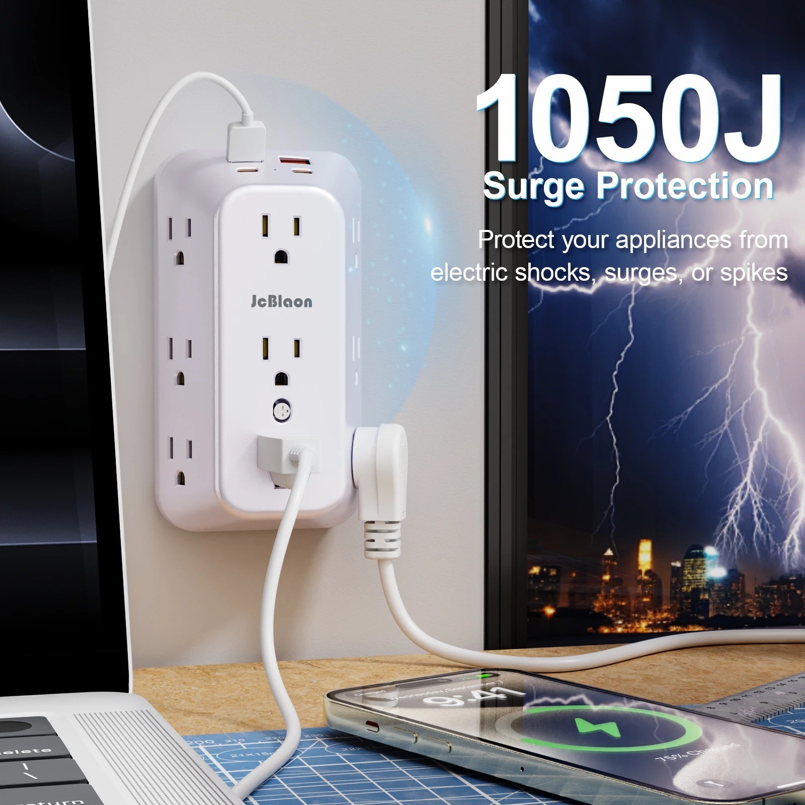 9 Outlet Extender Surge Protector Multi Plug Wall Adapter 4 USB Charger Ports