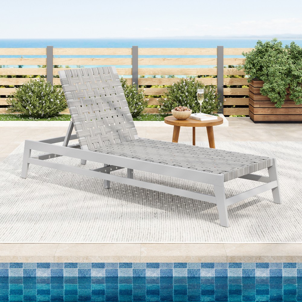Outdoor Rope Chaise Lounge Patio Chair Adjustable Recliner Acacia Wood - Grey