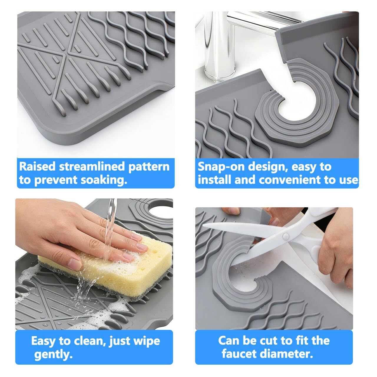 24 Inch Silicone Faucet Mat for Kitchen Sink, 7° Slope Fast Self-Draining Sin...
