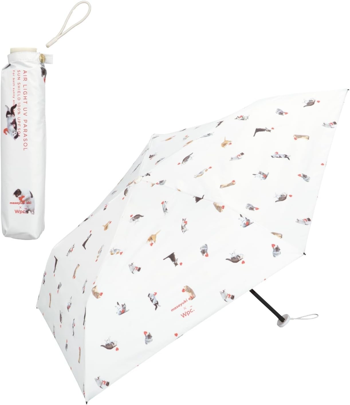 Wpc. x Masayuki Oki Folding Umbrella Cat Navy-Heart, Black-Star, Sun & Rain Slim