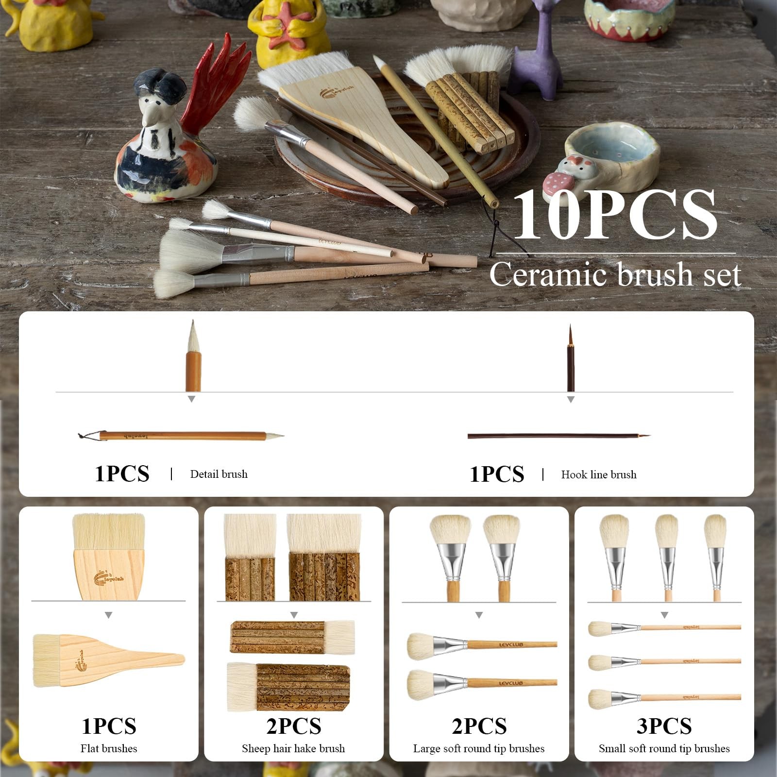 Glaze Brushes Pottery Tools,10 PCS Painting Ceramic Brush Set, Different Shap...