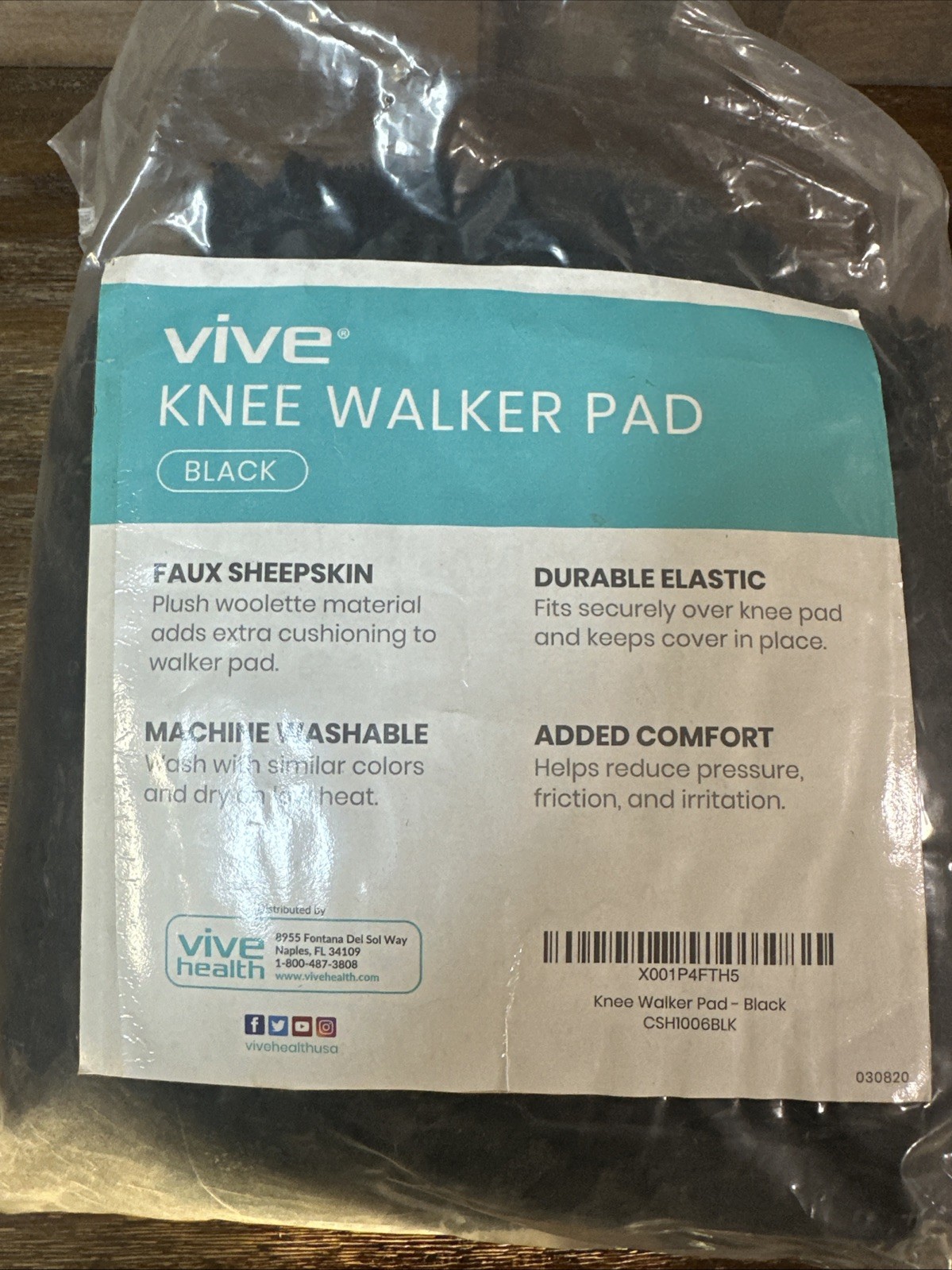 Vive Knee Walker Pad - Memory Foam and Faux Wool/Synthetic Sheepskin - Black
