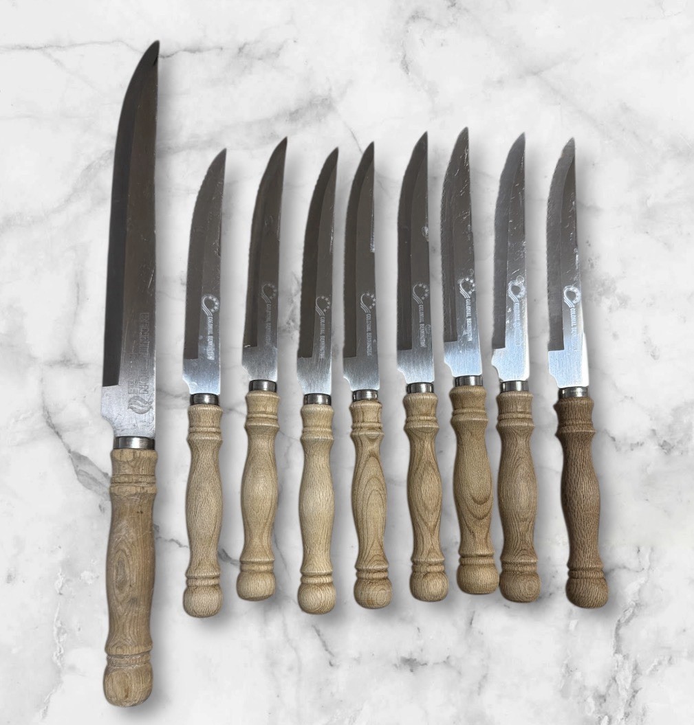 Colonial Bennington USA Wooden Handle Steak Knife Set 9pc Vintage Stainless