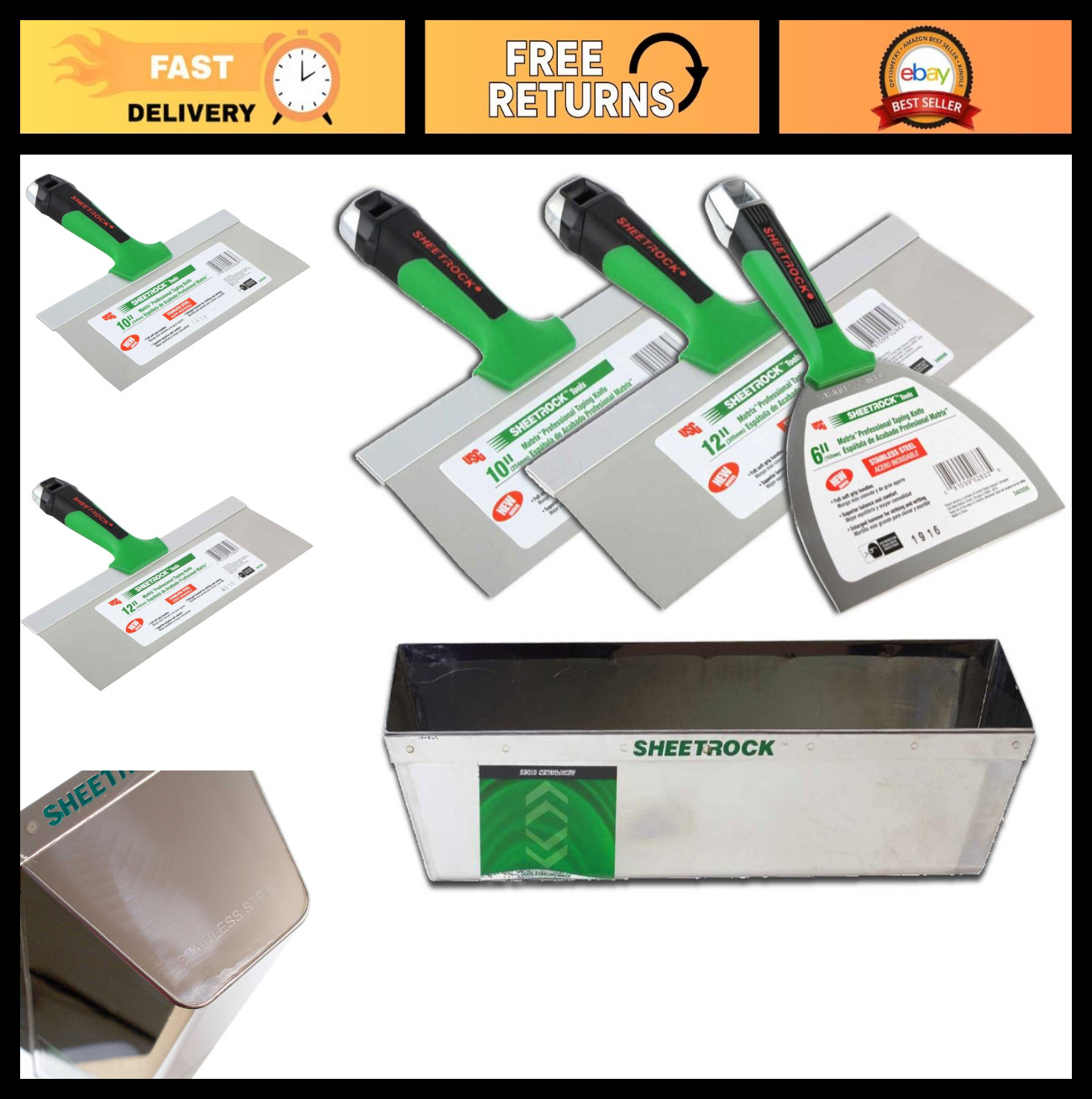 Stainless Steel Drywall Taping Knife Set 6"-10"-12" & Mud Pan for Easy Finishing